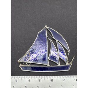 Stained Blue Glass Sailboat Suncatcher With Crack